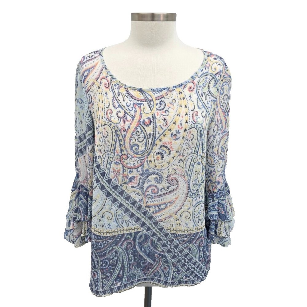 Zac & Rachel Womens‎ Blouse M Blue Paisley Scoop Neck Ruffle Sleeve Boho Fairy